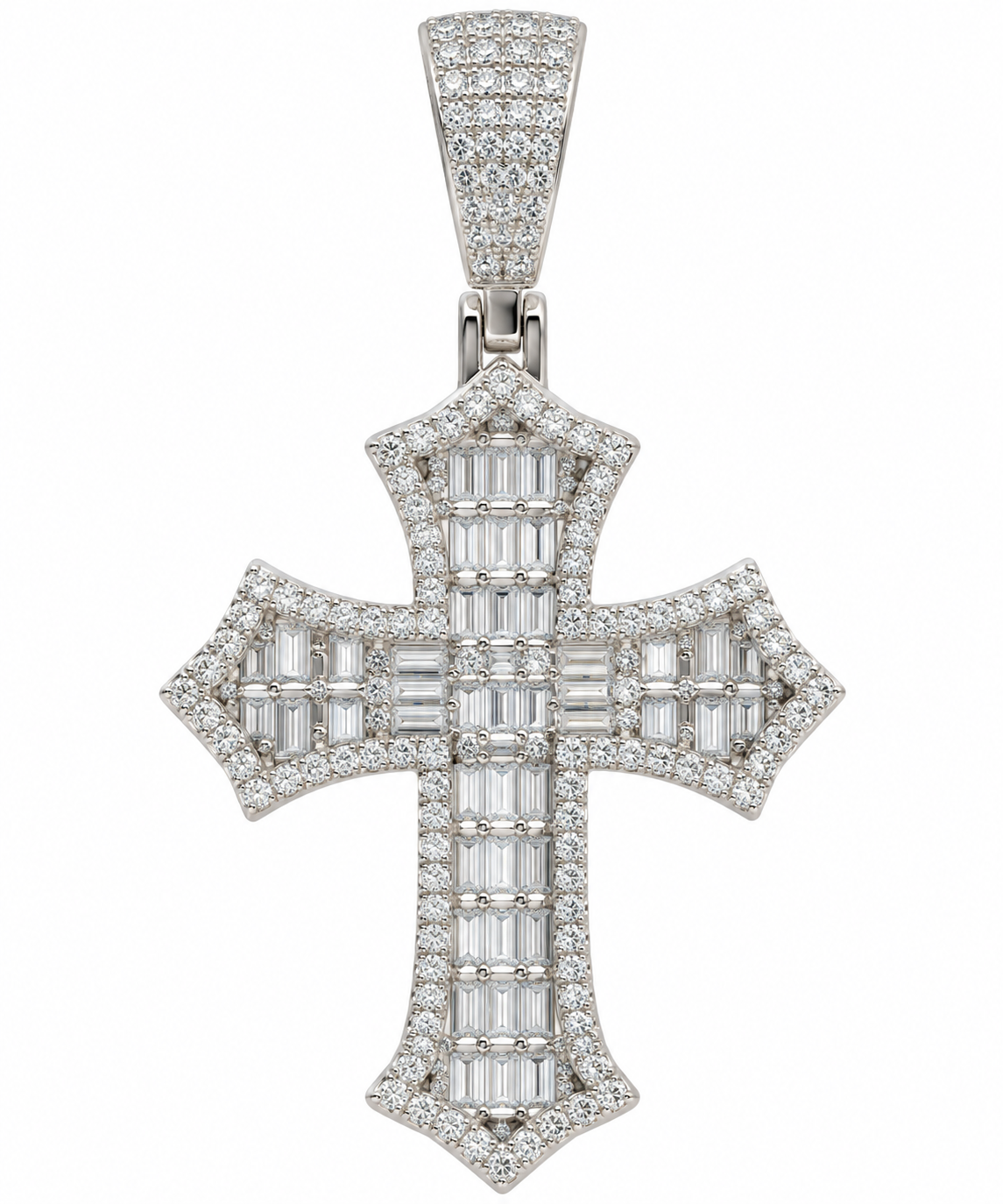 Sterling Silver Baguette & Round Moissanite Pave Cross Pendant - 3.05 CTW