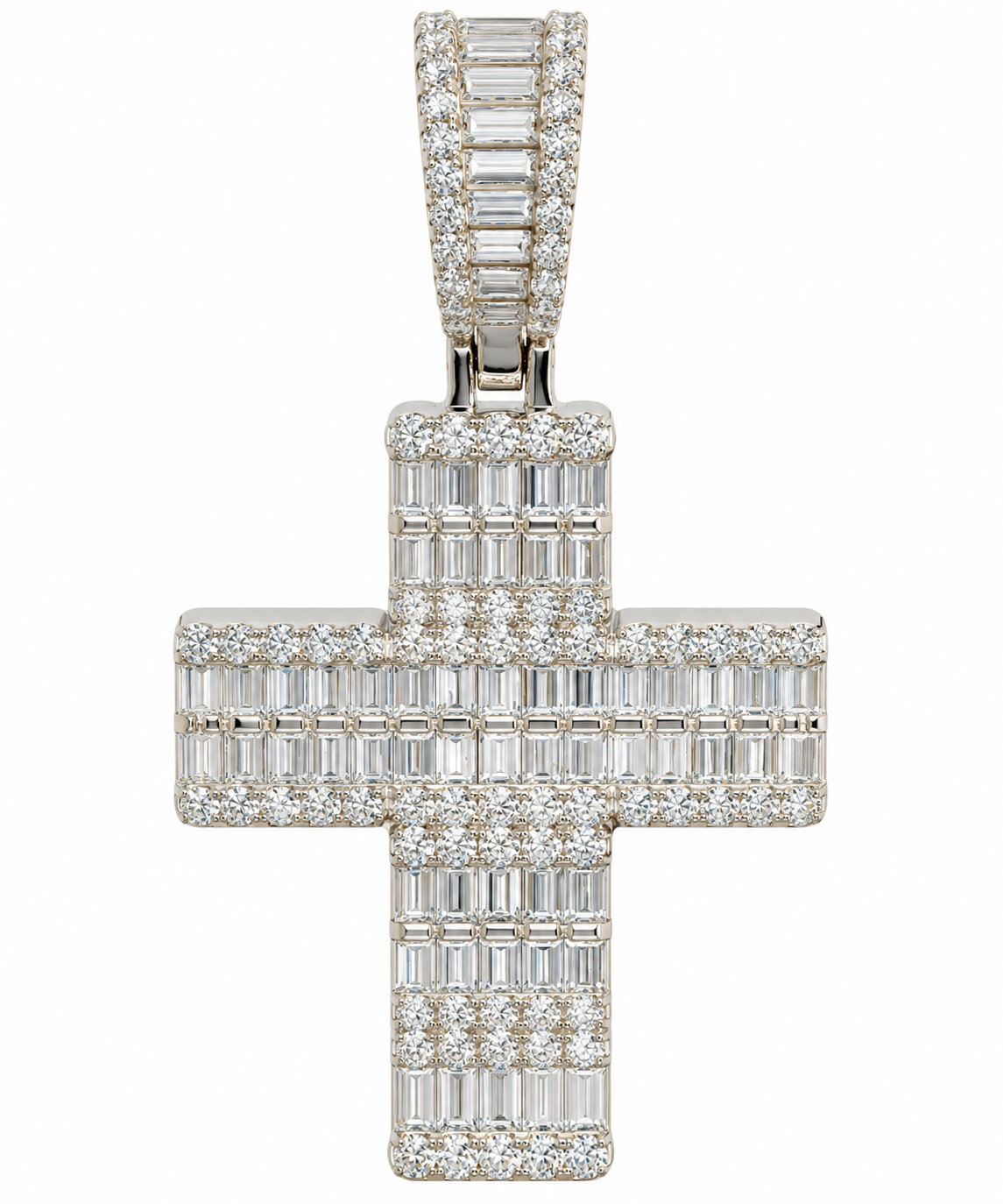 Sterling Silver Baguette & Round Moissanite Cross Pendant - 4.10 CTW