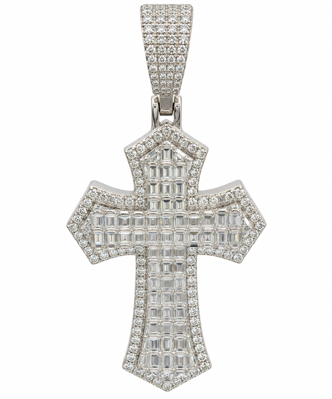 Sterling Silver Baguette & Round Moissanite Pave Cross Pendant - 2.55 CTW