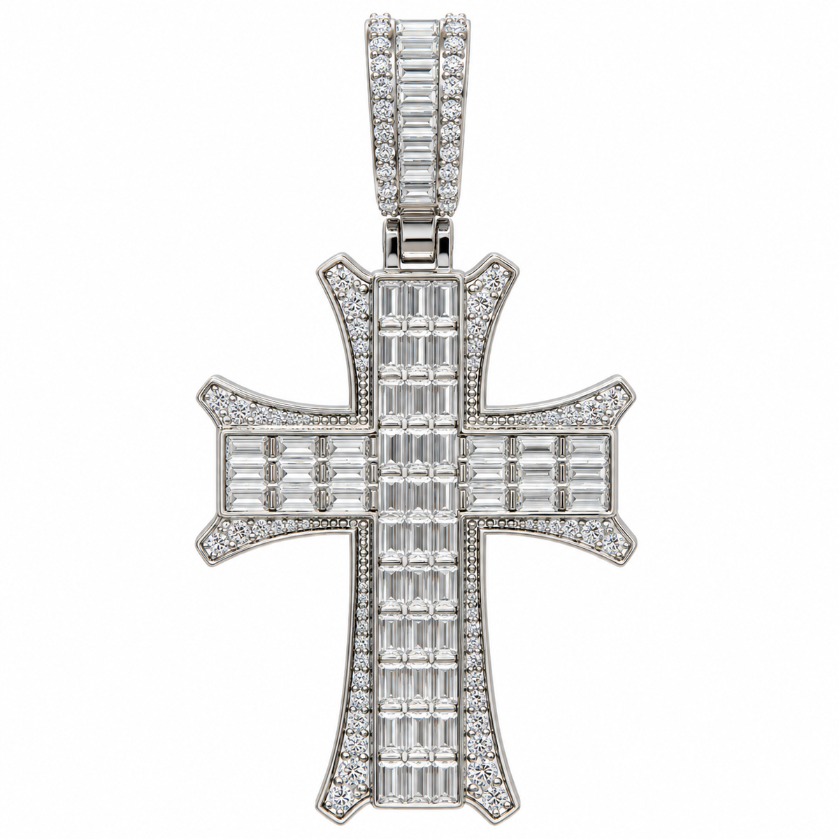 Sterling Silver Baguette & Round Moissanite Cross Pendant - 3.01 CTW