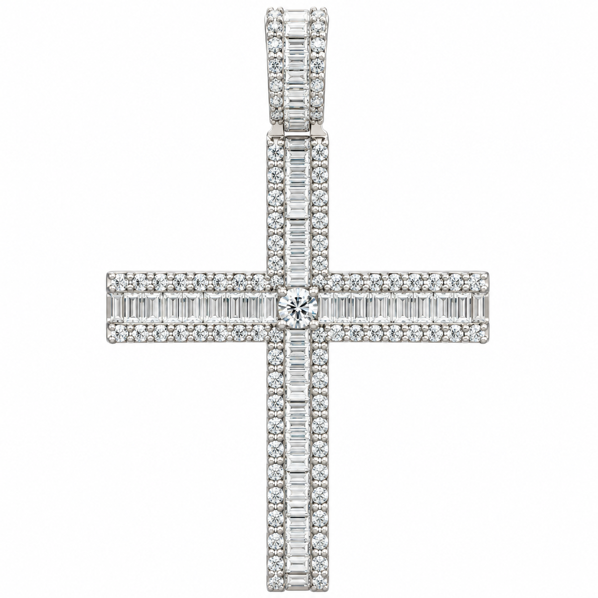 Sterling Silver Baguette & Round Moissanite Large Cross Pendant - 4.67 CTW VVS D