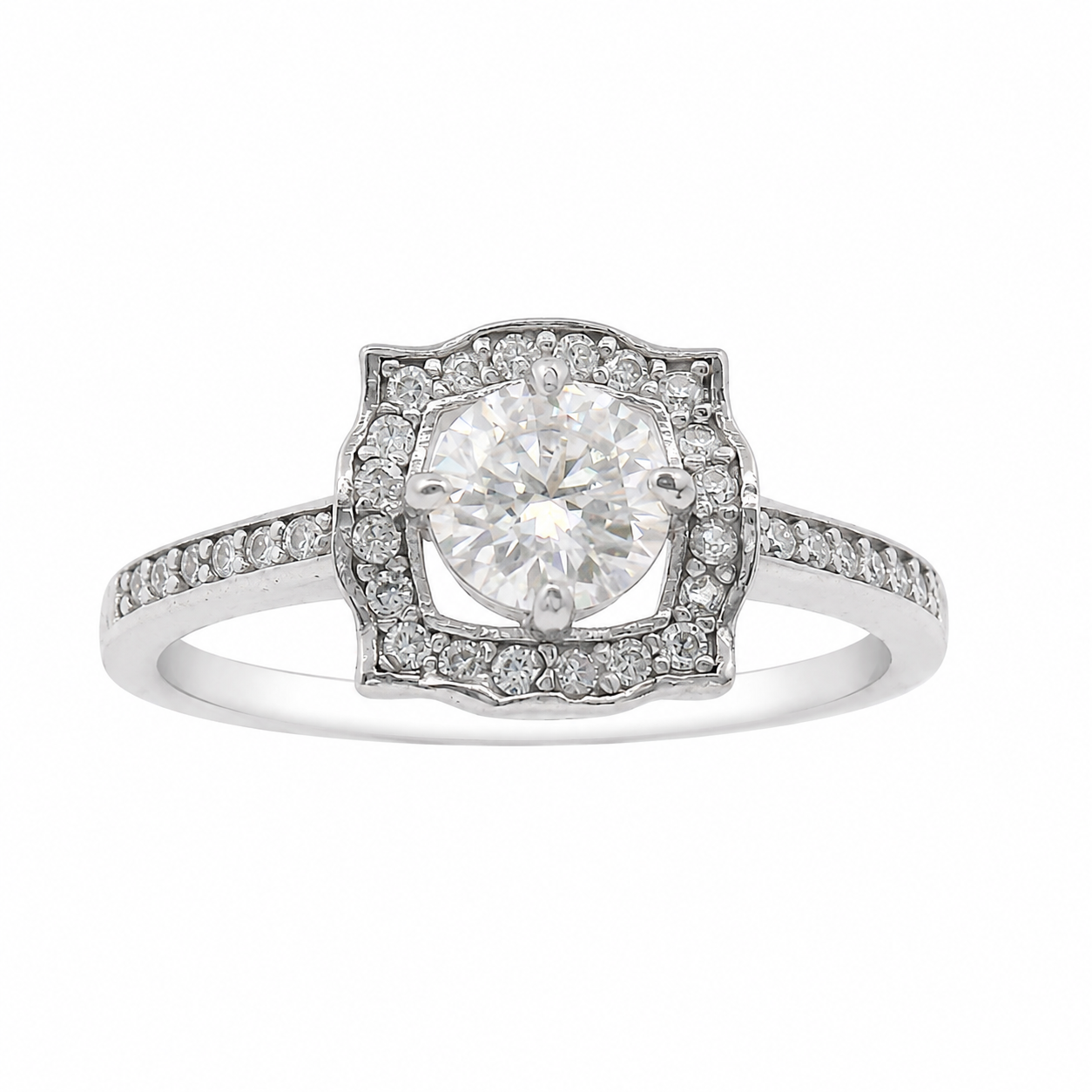 Sterling Silver 5MM 0.5CT Round Moissanite W/ Square Halo Ring