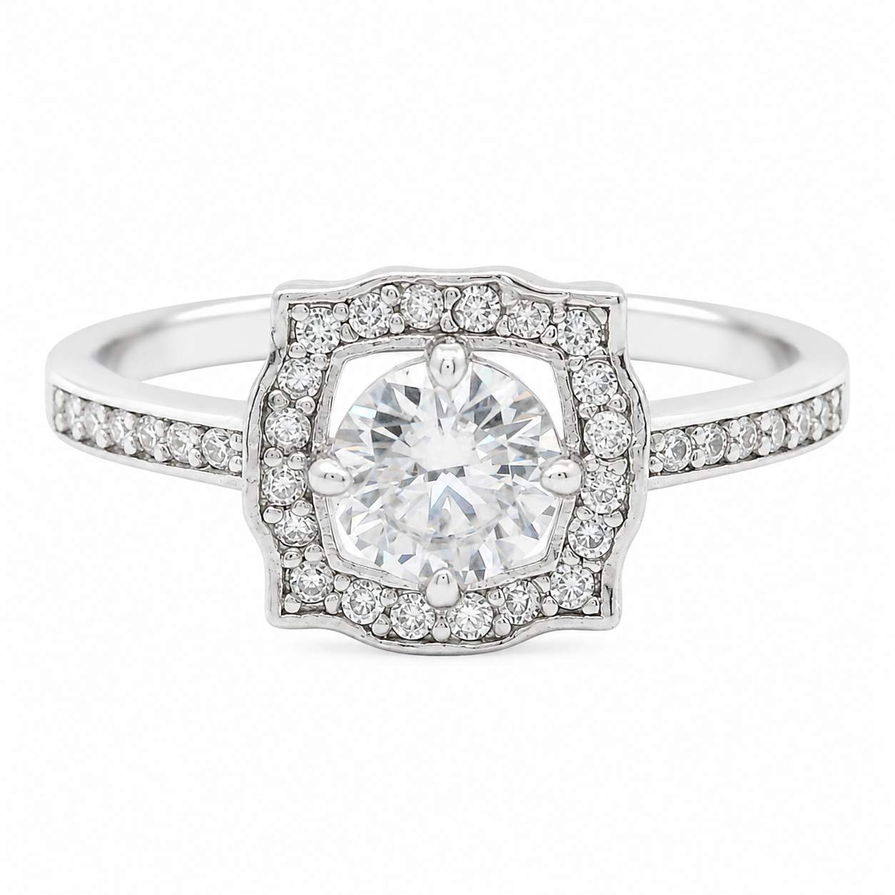 Sterling Silver 5MM 0.5CT Round Moissanite W/ Square Halo Ring