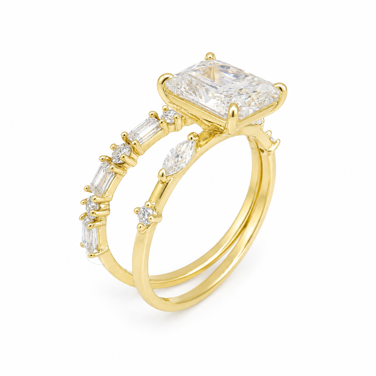 Sterling Silver Moissanite 2.0ct Radiant Cut Marquise Band, Baguette & Round Band Wedding Set