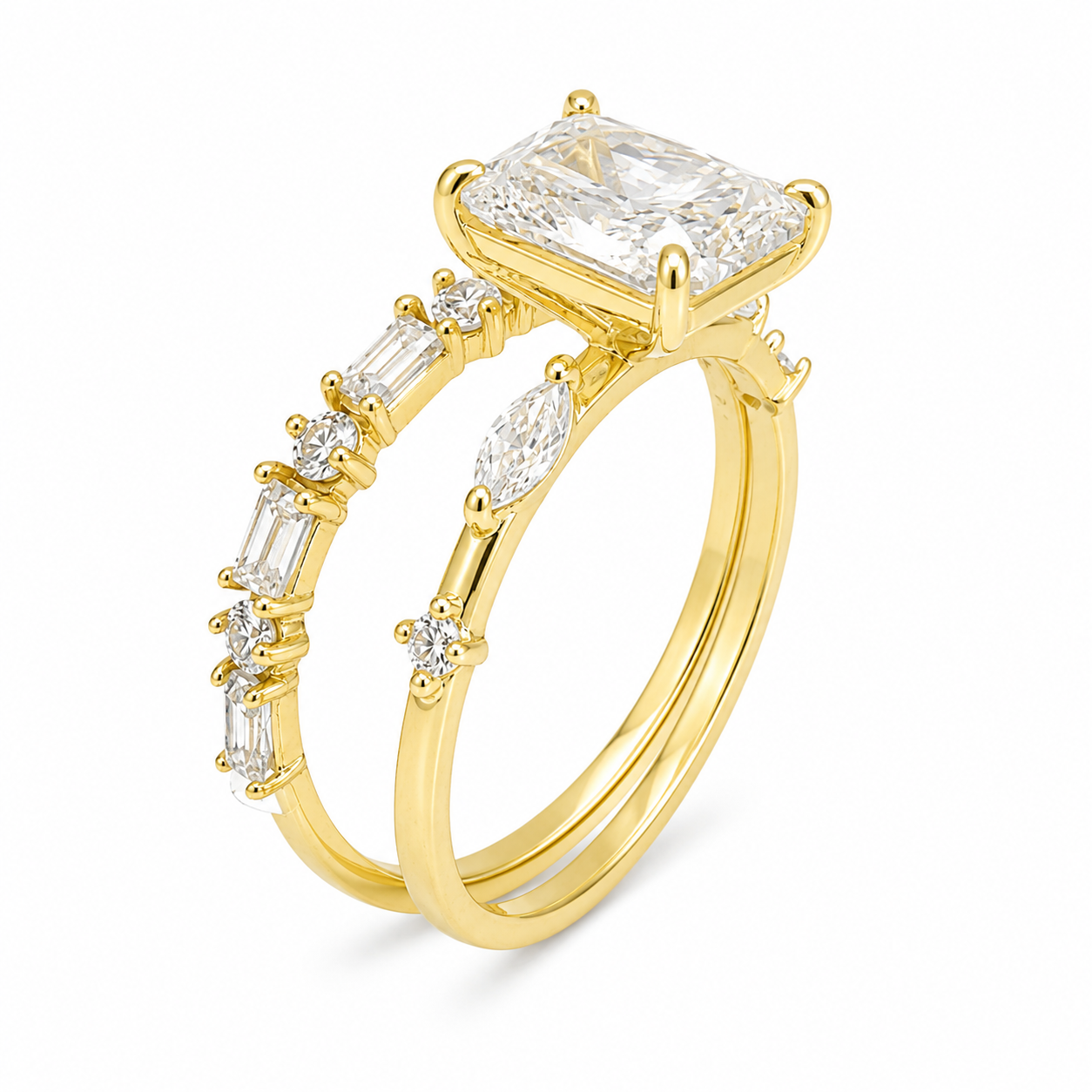 Sterling Silver Moissanite 2.0ct Radiant Cut Marquise Band, Baguette & Round Band Wedding Set