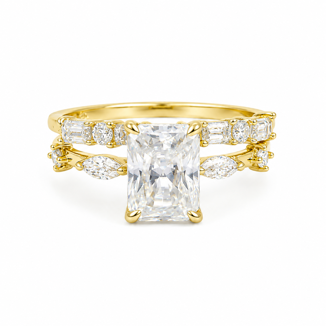 Sterling Silver Moissanite 2.0ct Radiant Cut Marquise Band, Baguette & Round Band Wedding Set