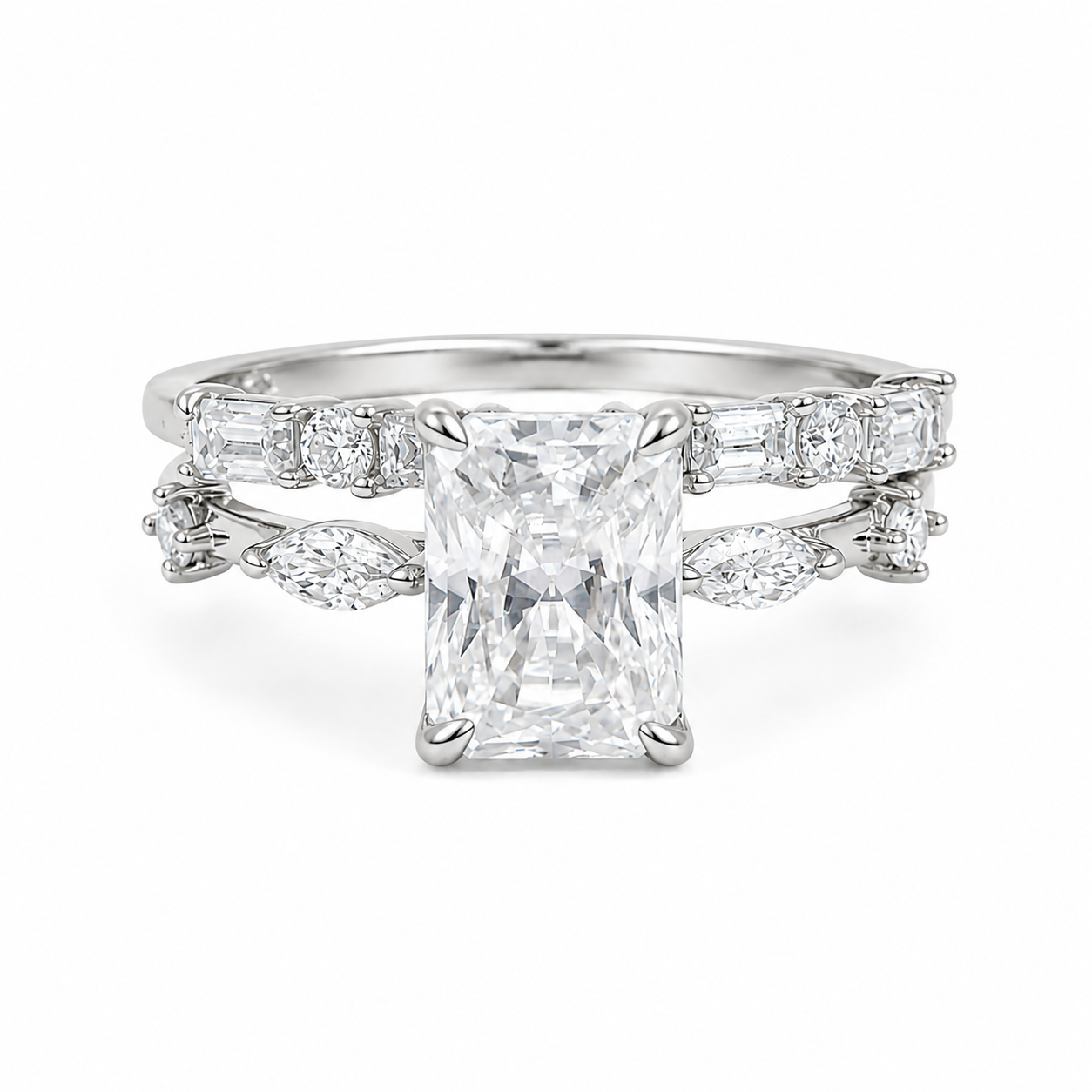 Sterling Silver Moissanite 2.0ct Radiant Cut Marquise Band, Baguette & Round Band Wedding Set