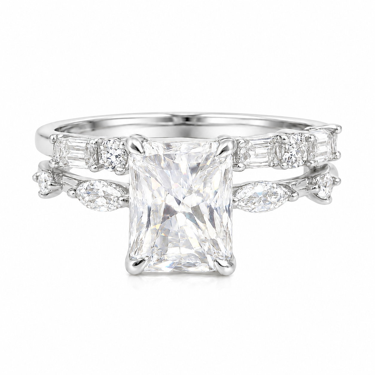 Sterling Silver Moissanite 2.0ct Radiant Cut Marquise Band, Baguette & Round Band Wedding Set
