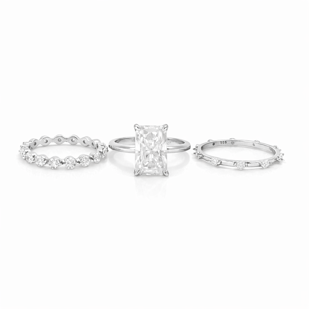 Sterling Silver 3.5ct Radiant Cut Moissanite Eternity Band Stackable 3 Piece Ring Set