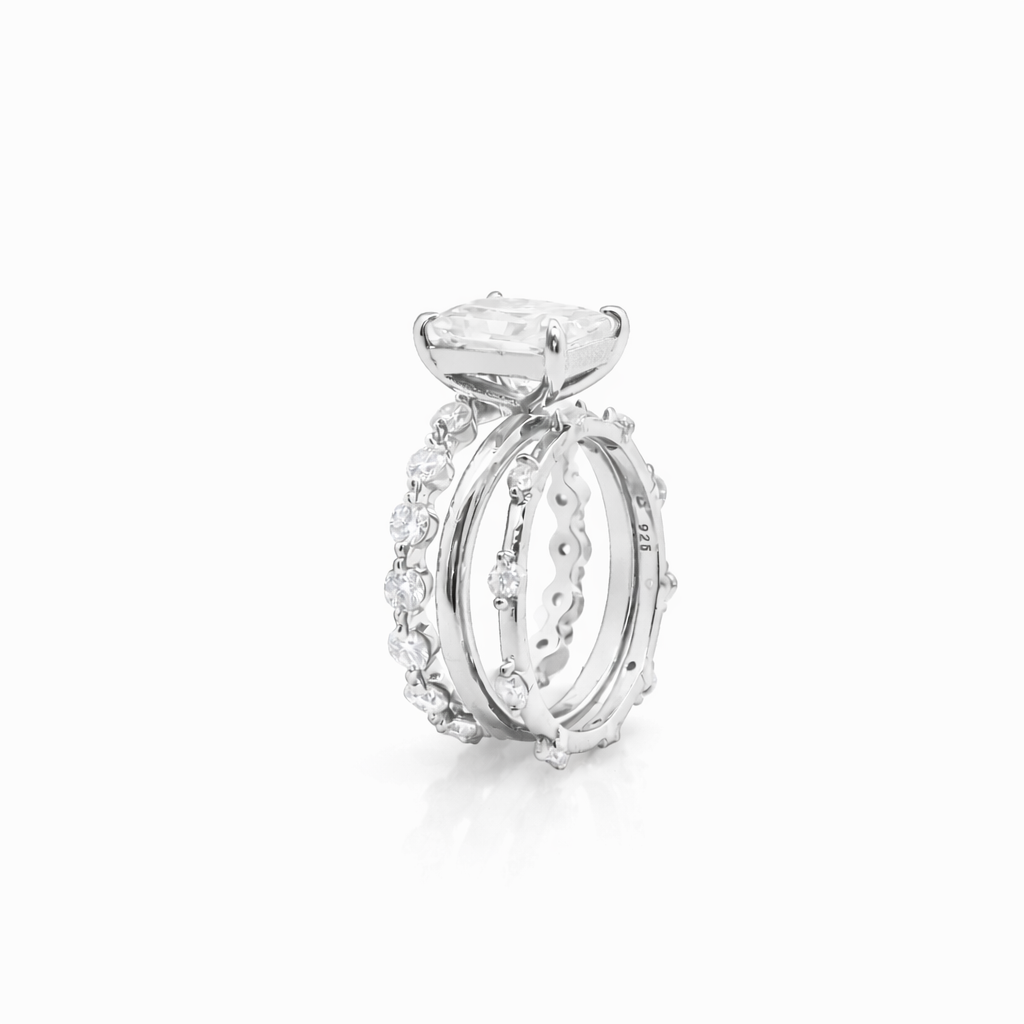 Sterling Silver 3.5ct Radiant Cut Moissanite Eternity Band Stackable 3 Piece Ring Set