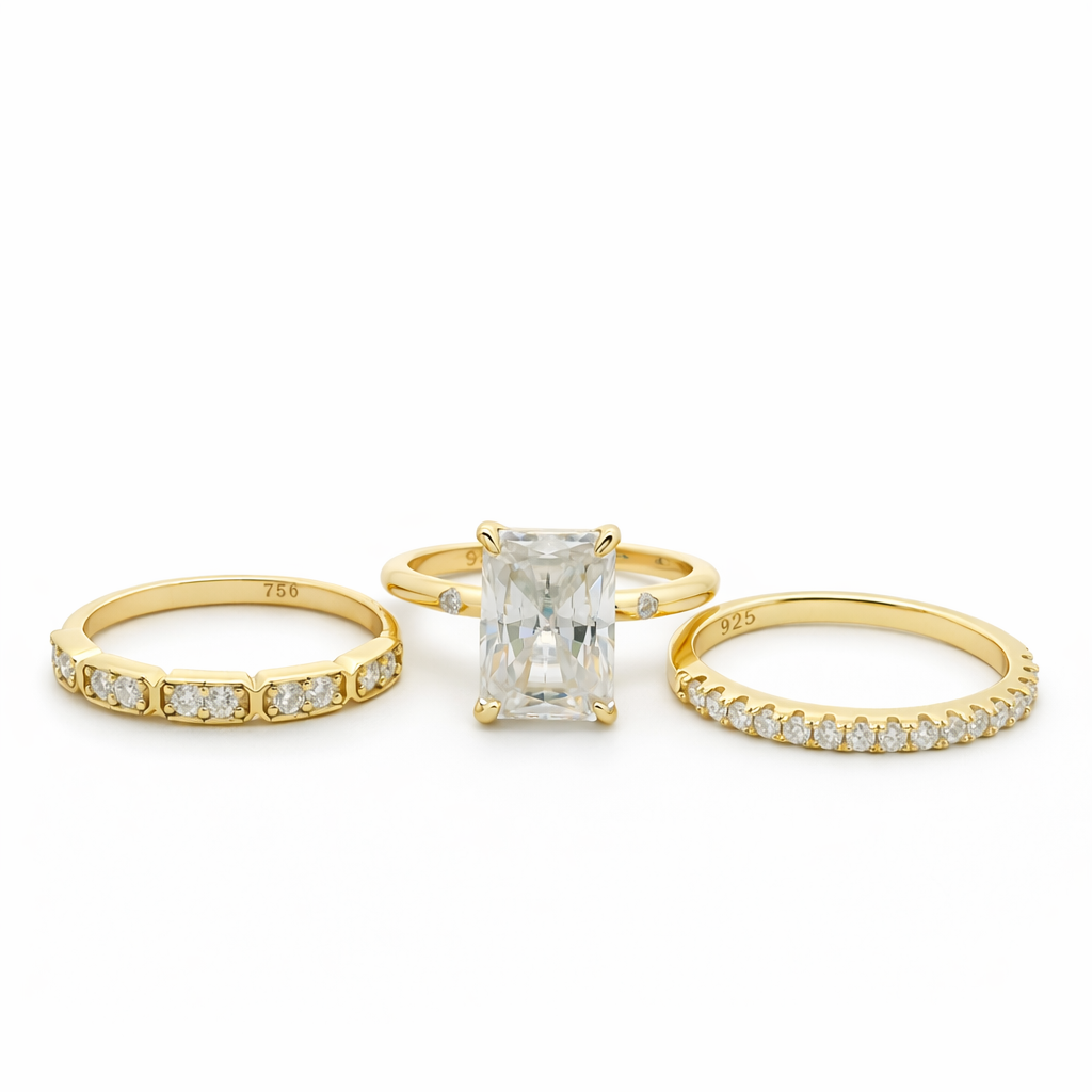 Sterling Silver 3.5ct Radiant Cut Moissanite Stackable 3 Piece Ring Set