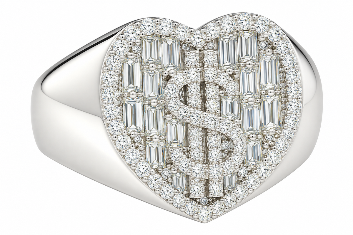 Sterling Silver Moissanite Heart & Dollar Sign $ Ring - 1.19 CTW VVS D