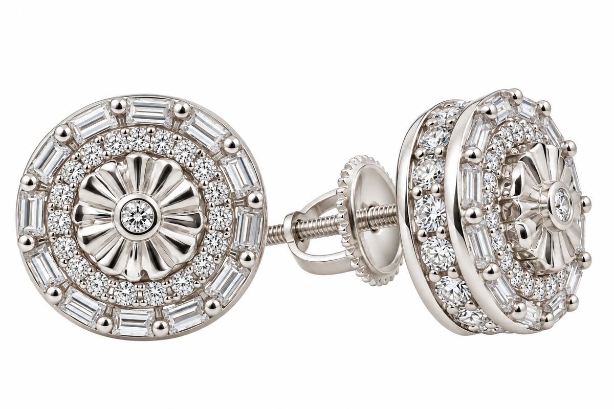 Sterling Silver Moissanite Flower Center Baguette Halo Screwback Earrings - 10mm 1.28 CTW VVS D