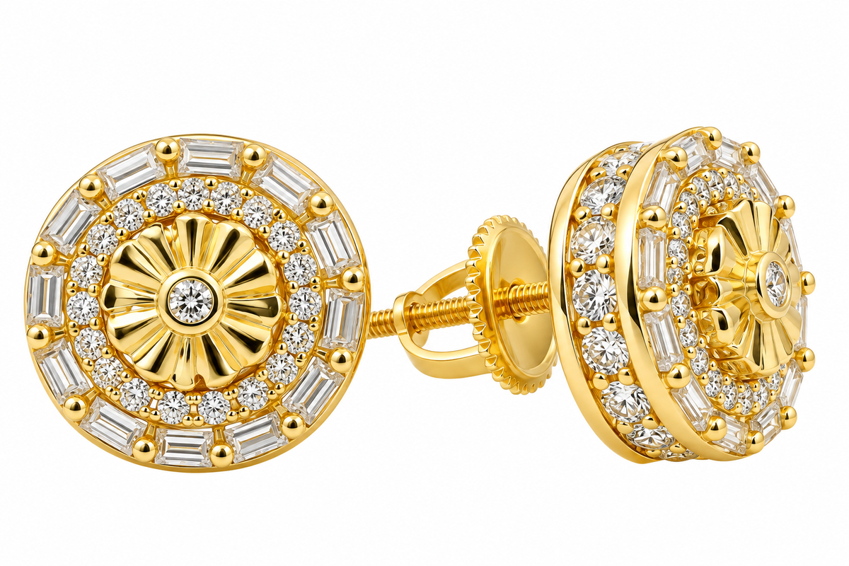 Sterling Silver Moissanite Flower Center Baguette Halo Screwback Earrings - 10mm 1.28 CTW VVS D