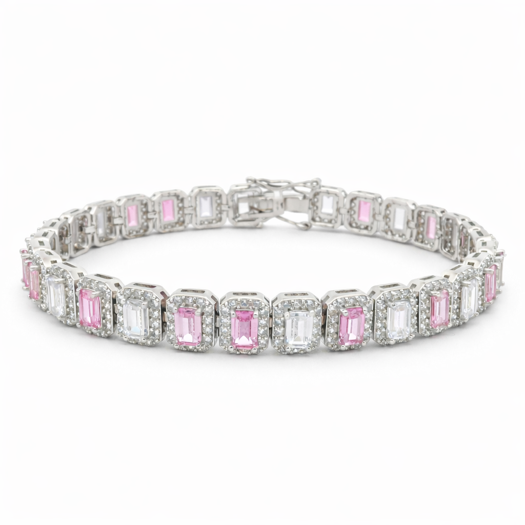 Sterling Silver Alternating Colored Baguette CZ Halo Tennis Bracelet (7.25")