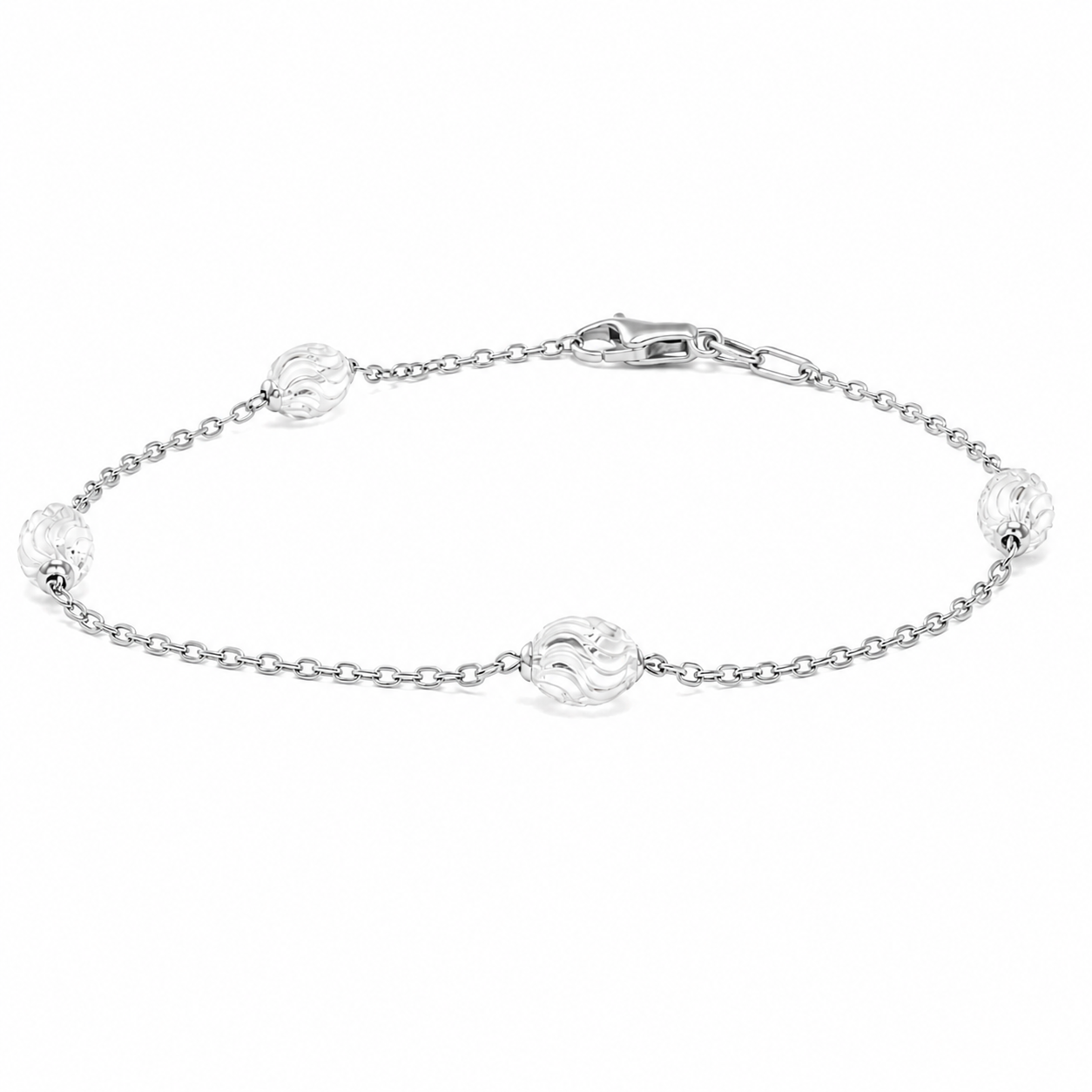 Sterling Silver 3MM Station Oval Mooncut Bead Chain (Bracelet/Anklet)
