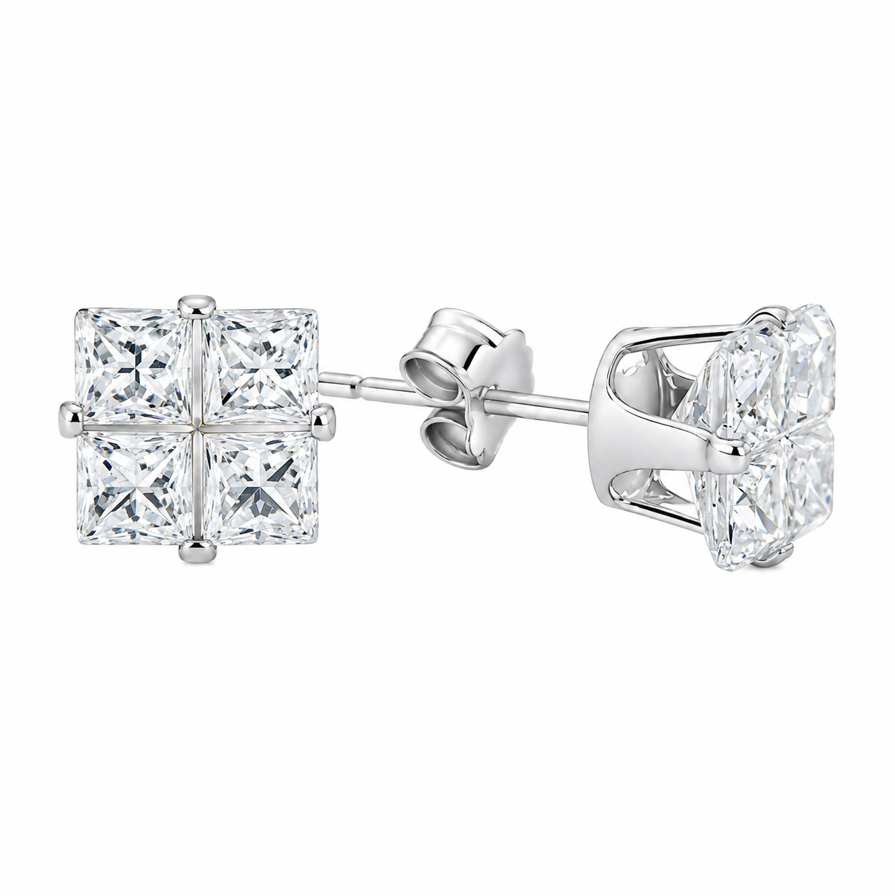 Sterling Silver Square 4 Cut CZ  Studs