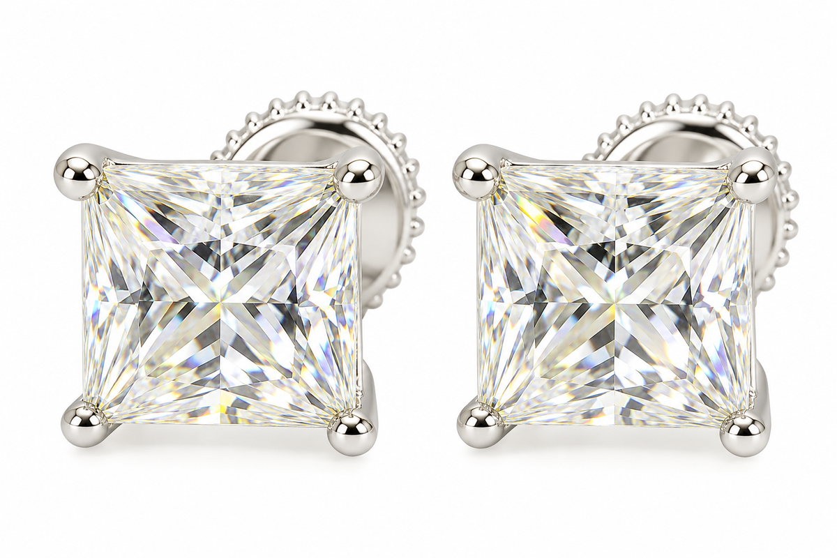 Sterling Silver Moissanite Princess Cut Solitaire Screwback Earrings