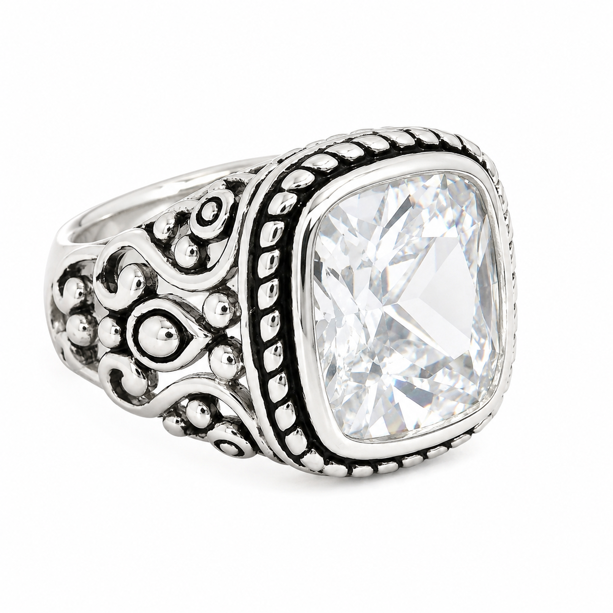 Sterling Silver Square CZ Filigree Ring