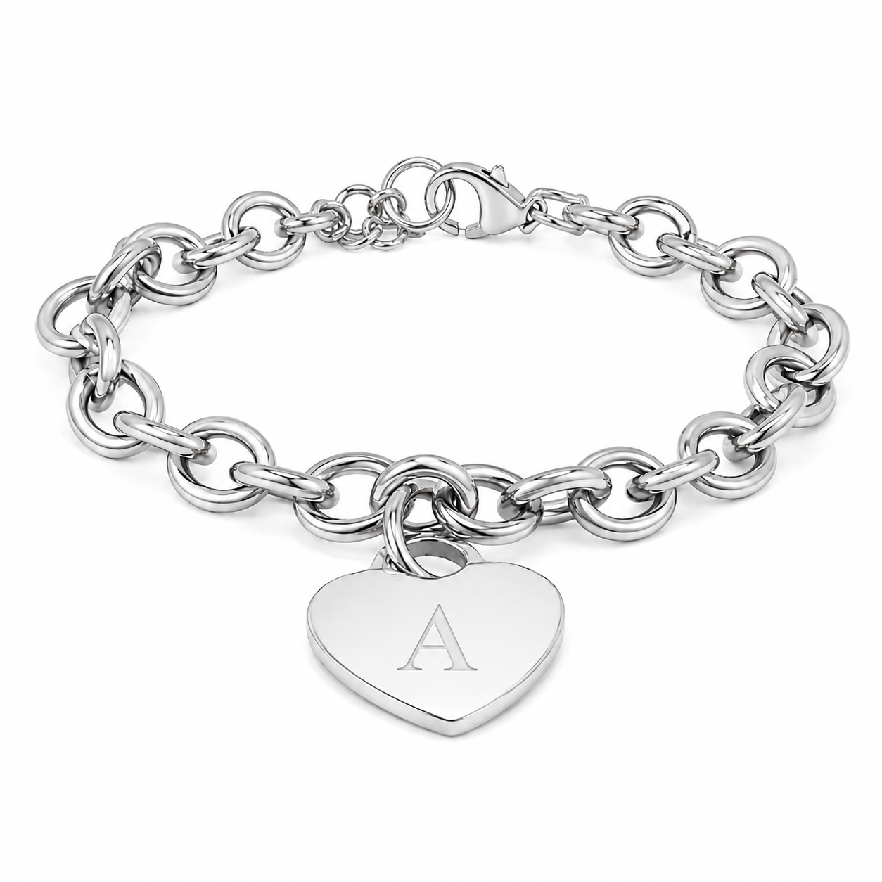 Stainless Steel Engravable Heart Disc Charm Bracelet