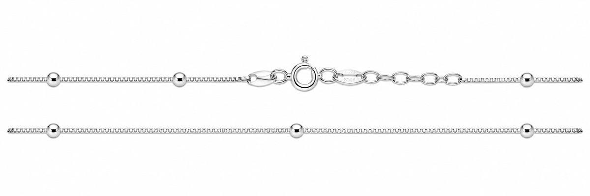 Sterling Silver 3MM Bead Station Box Chain Anklet (9"+2")