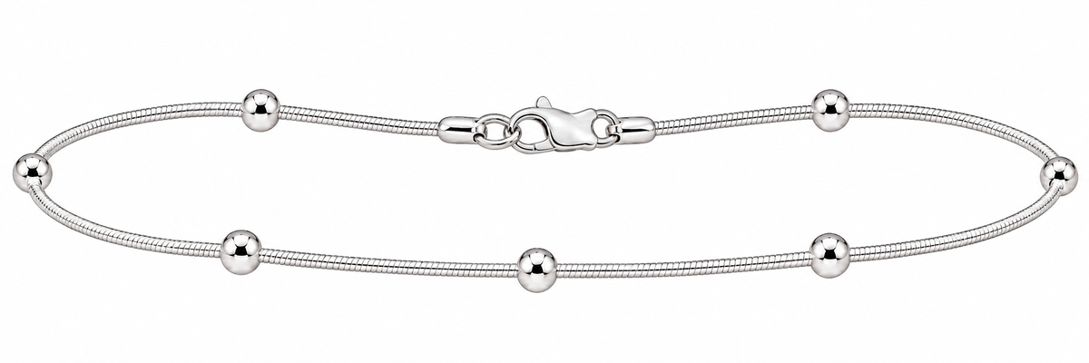 Sterling Silver 3mm Bead Station Snake Chain Anklet (10")