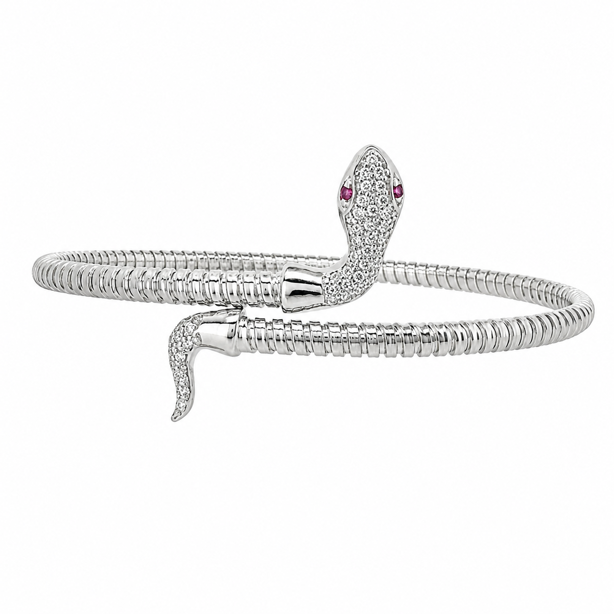 Sterling Silver Rhodium Plated CZ Pink Eyed Snake Bangle