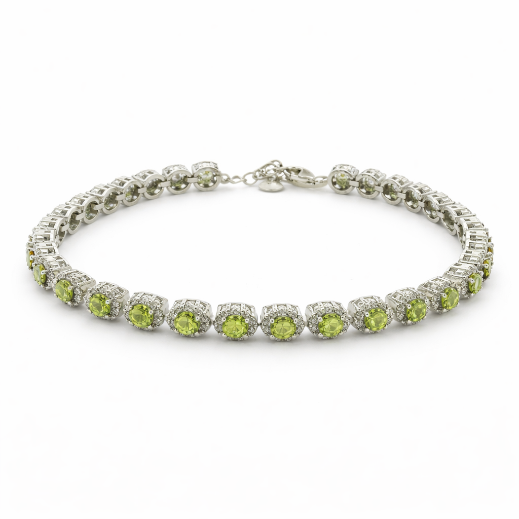 Sterling Silver Round Colored CZ W/ Halo Tennis Bracelet (7"+1.5")
