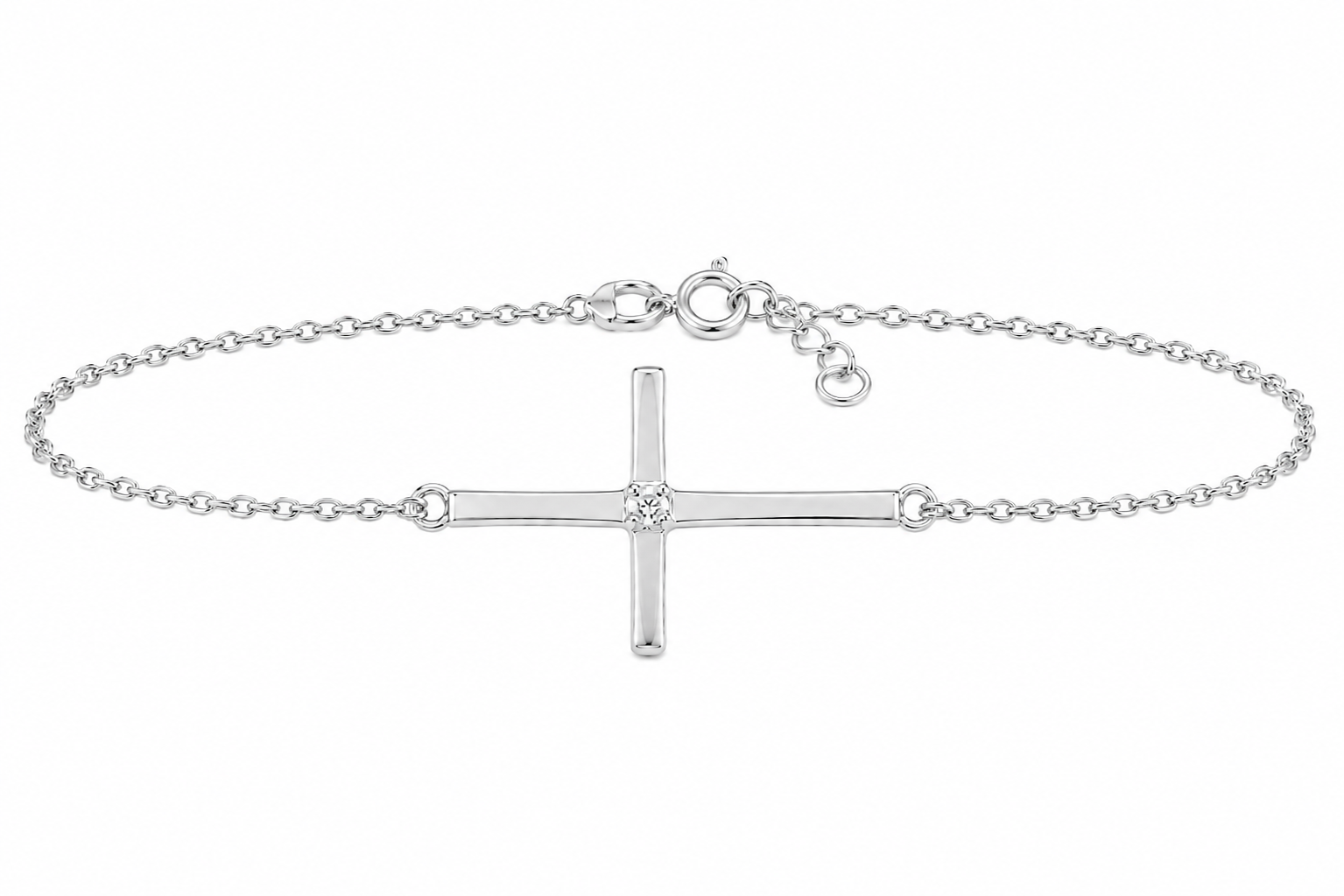Sterling Silver Sideways Cross W/ CZ Center Bracelet
