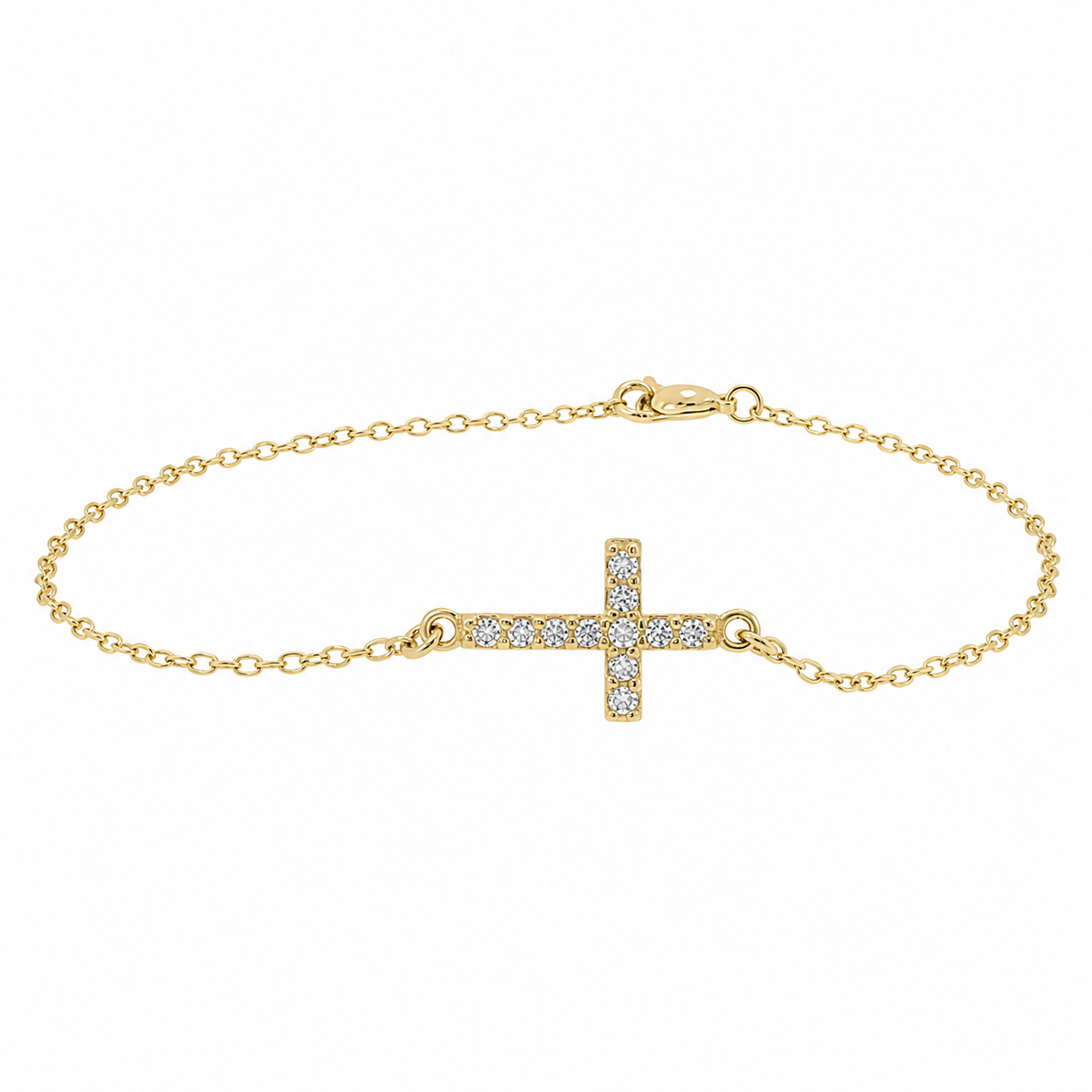Sterling Silver Gold Plated CZ Sideways Cross Bracelet