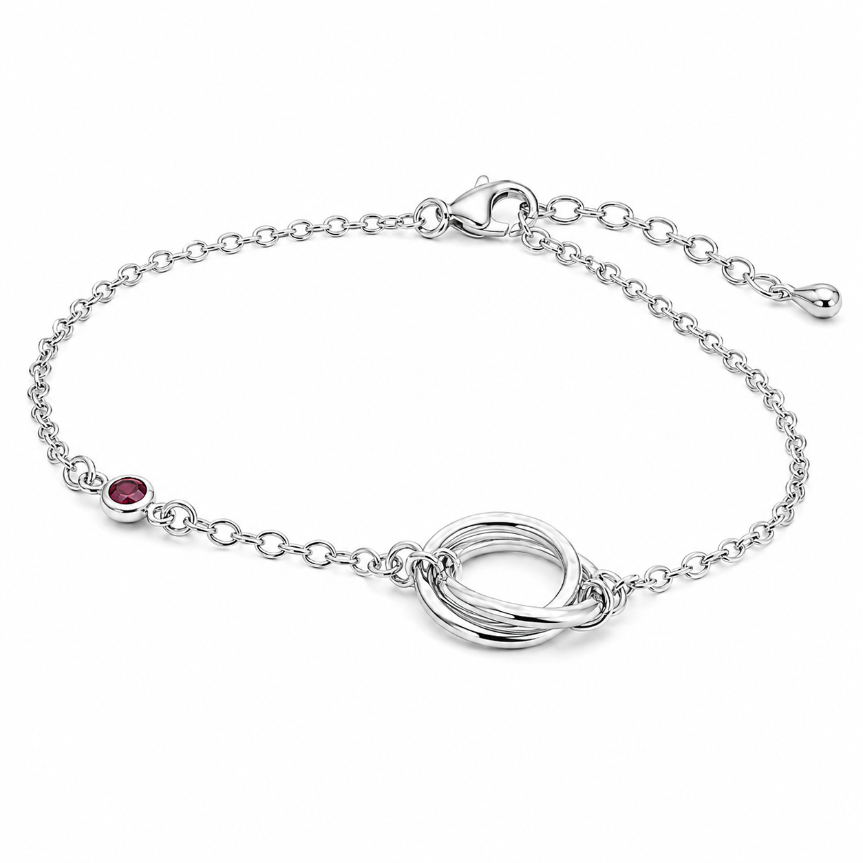 Sterling Silver Triple Circle W/ Dark Pink CZ Bracelet