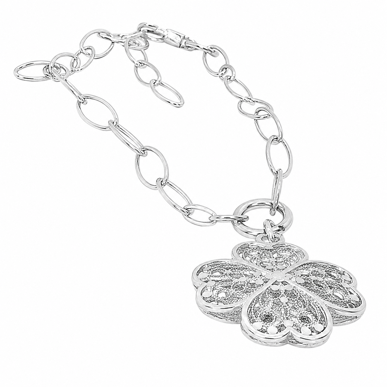 Sterling Silver Dangling Four Leaf Clover Bracelet