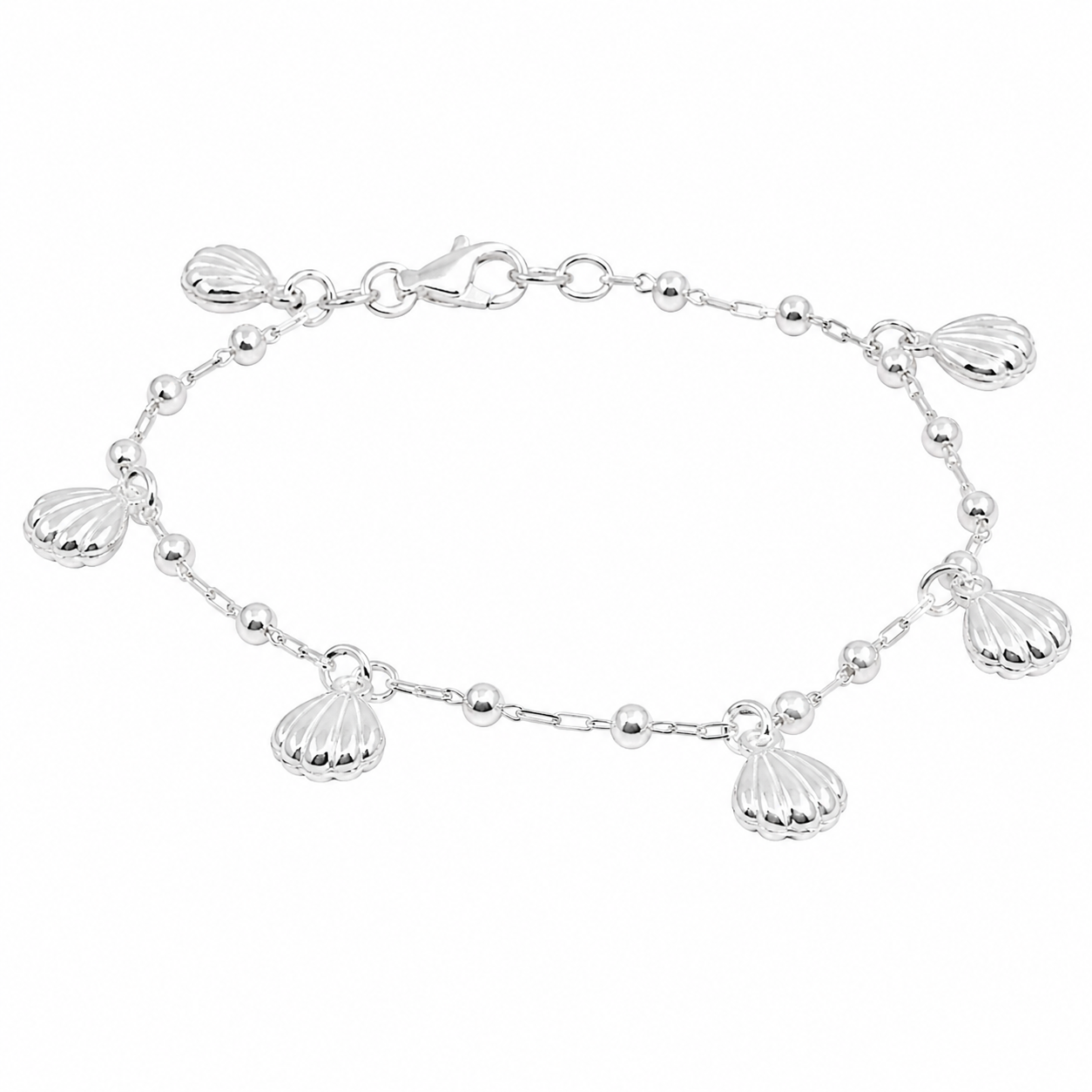 Sterling Silver Beaded Paperclip Sea Shell Charm Bracelet