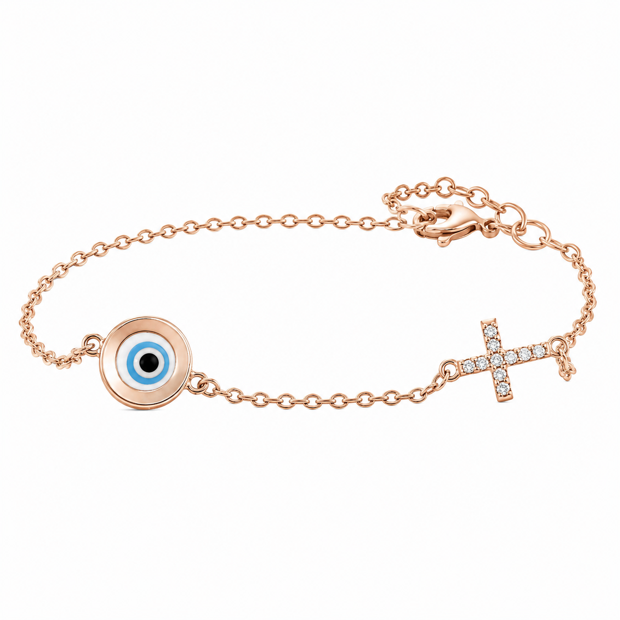 Sterling Silver Evil Eye & Cross CZ Bracelet