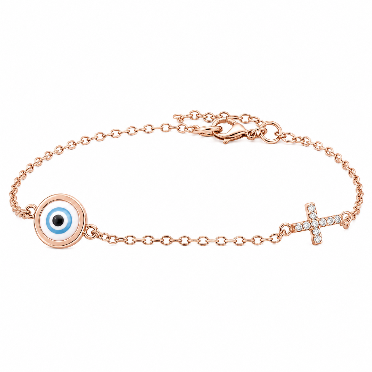 Sterling Silver Evil Eye & Cross CZ Bracelet