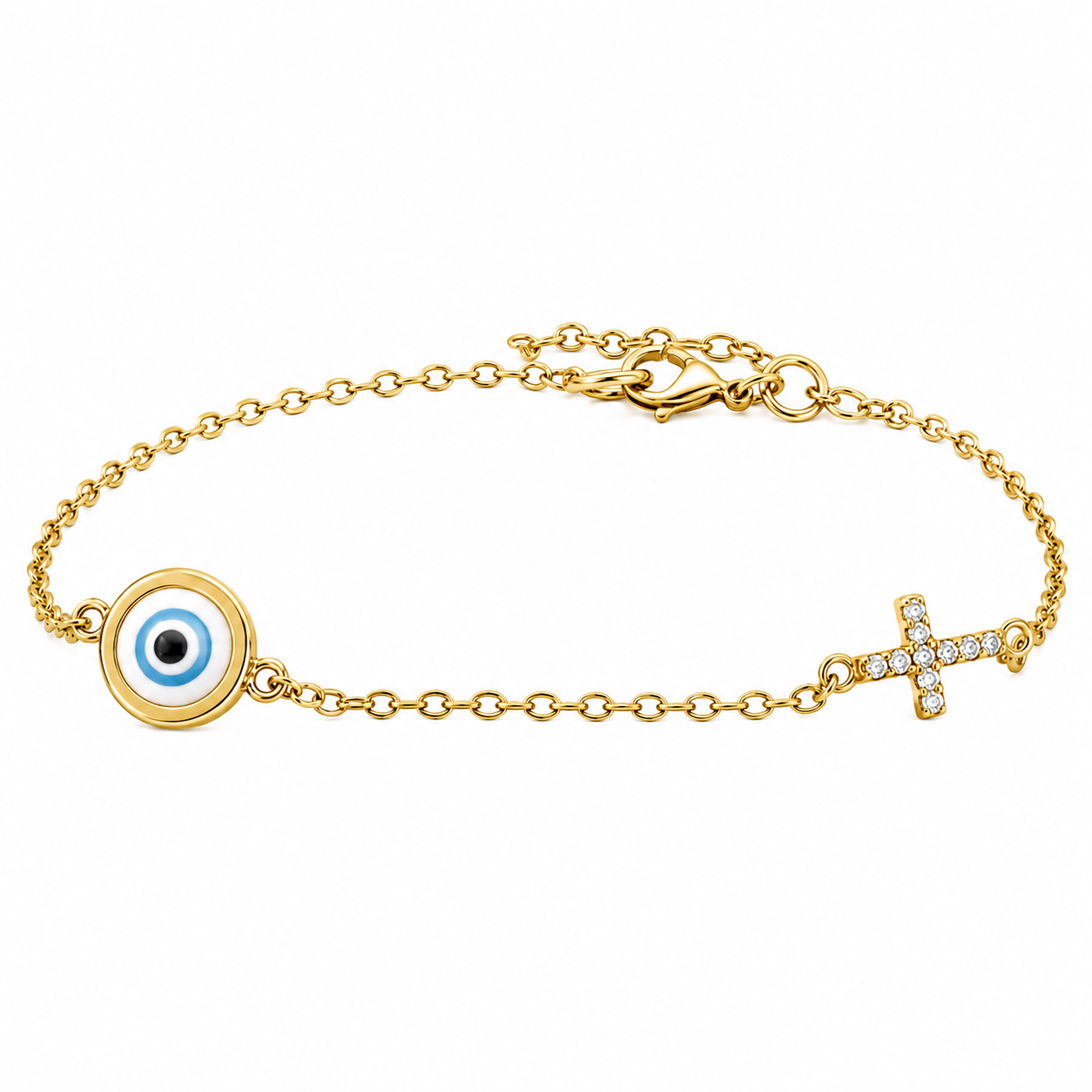 Sterling Silver Evil Eye & Cross CZ Bracelet
