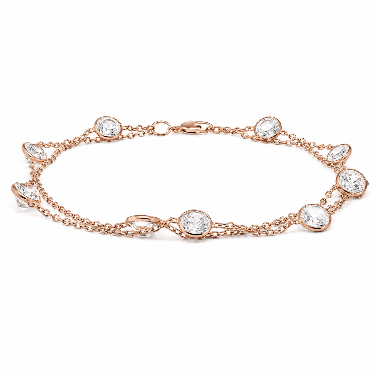 Sterling Silver Double Chain CZ Station Bracelet