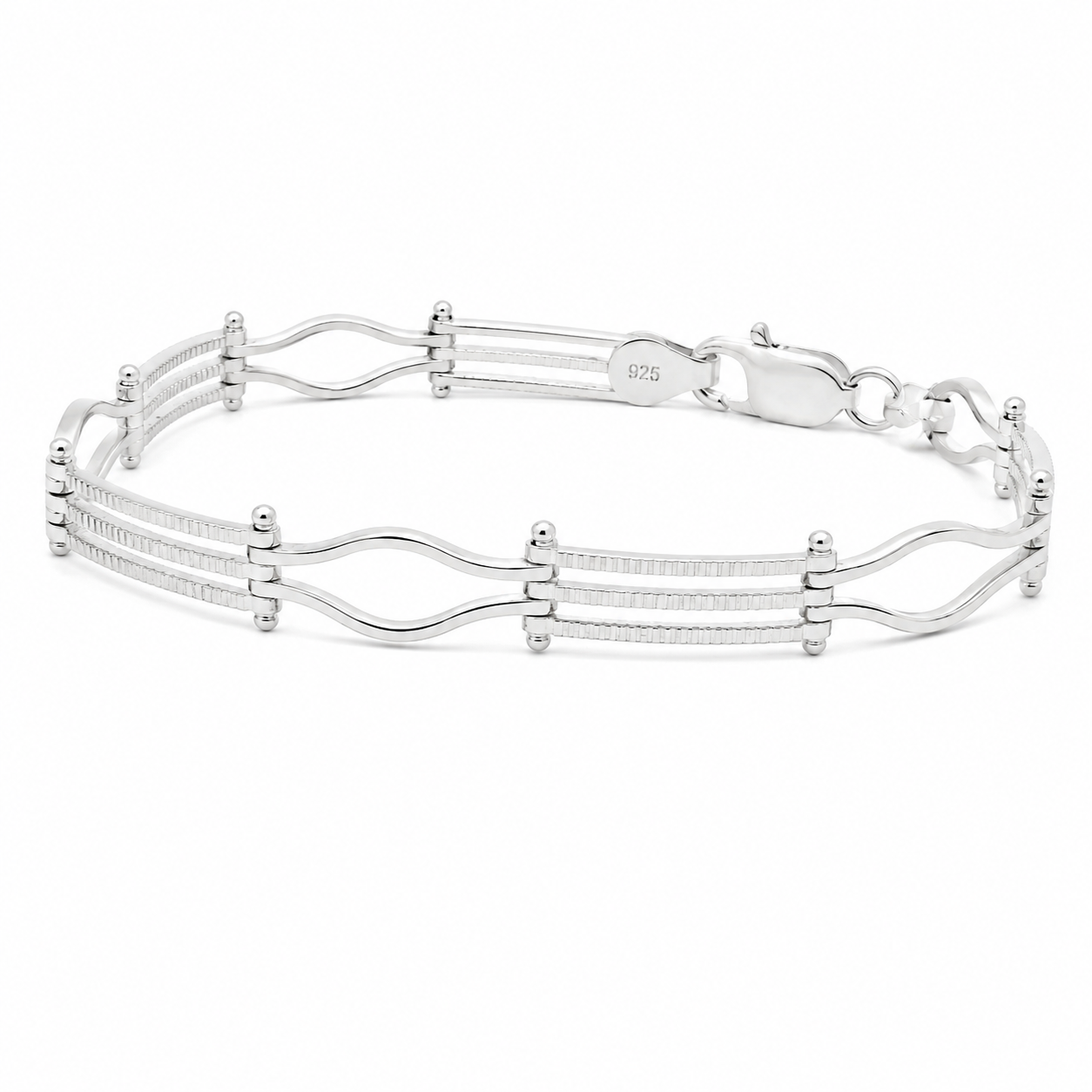Sterling Silver 3 Bar & Open Curved Design Link Bracelet