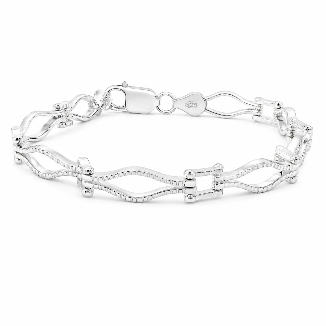 Sterling Silver Wave Link Bracelet with Elegant Textured Design