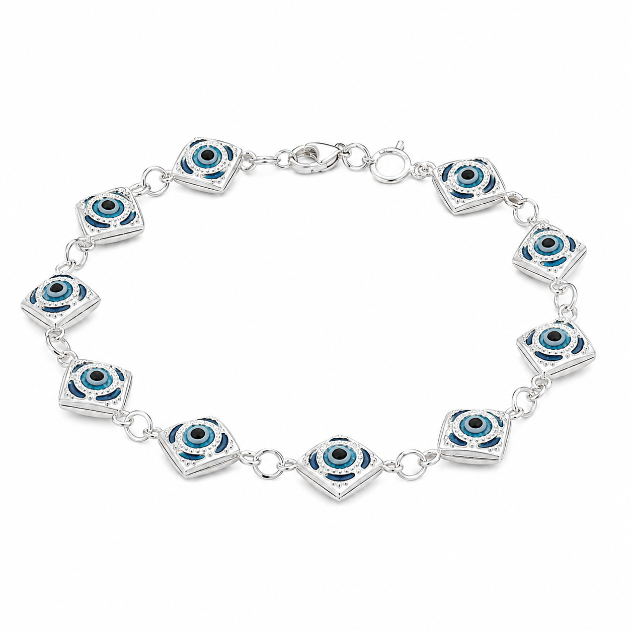 Sterling Silver Diamond Shape Evil Eye Bracelet (7.5")