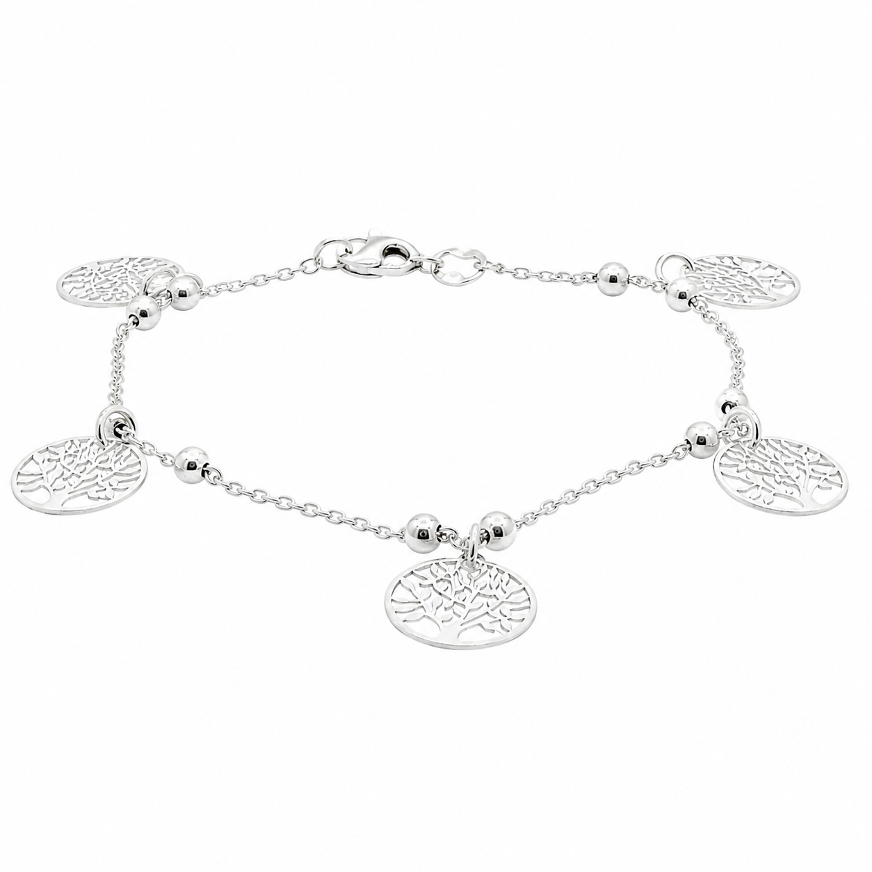 Italian Sterling Silver Tree of Life Charm Beaded Bracelet 7" + 1"