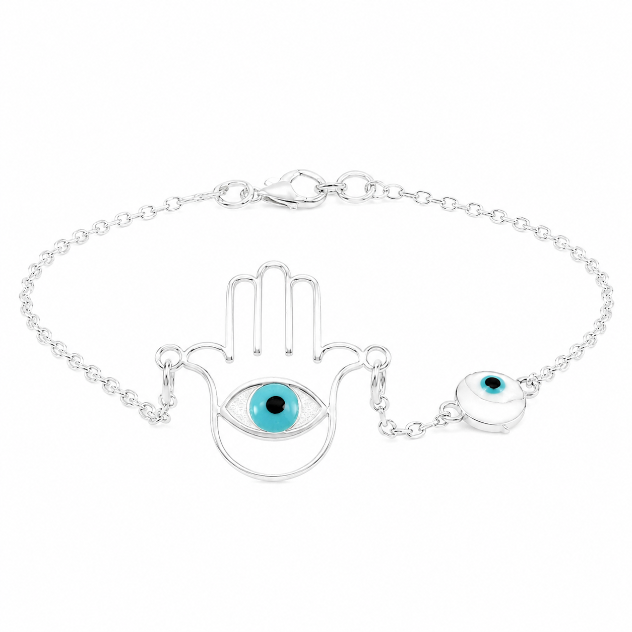 Sterling Silver Evil Eye Hamsa Hand Bracelet (7"+1")