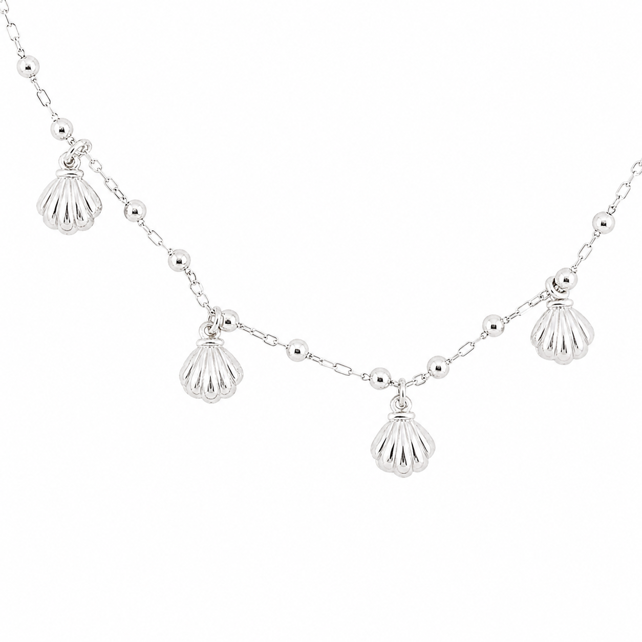 Sterling Silver Beaded Paperclip Sea Shell Charm Bracelet