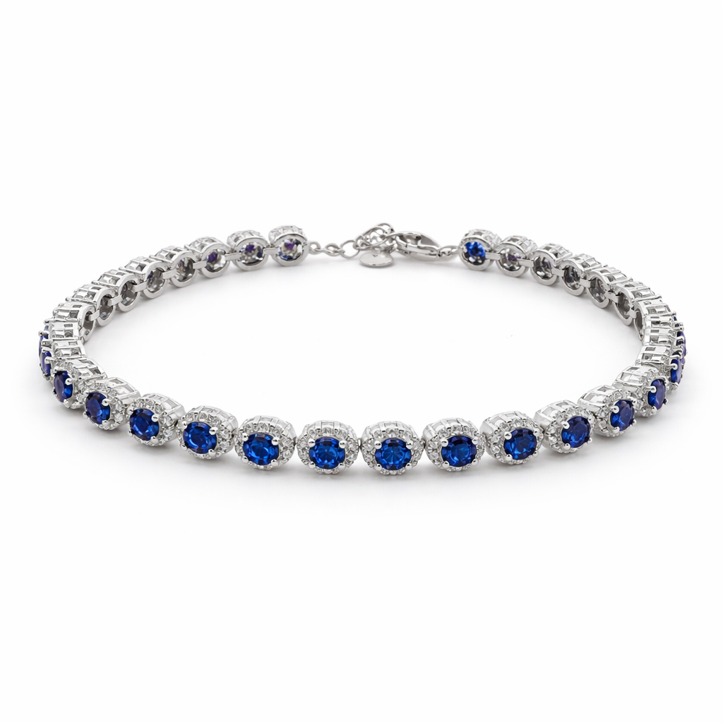 Sterling Silver Round Colored CZ W/ Halo Tennis Bracelet (7"+1.5")