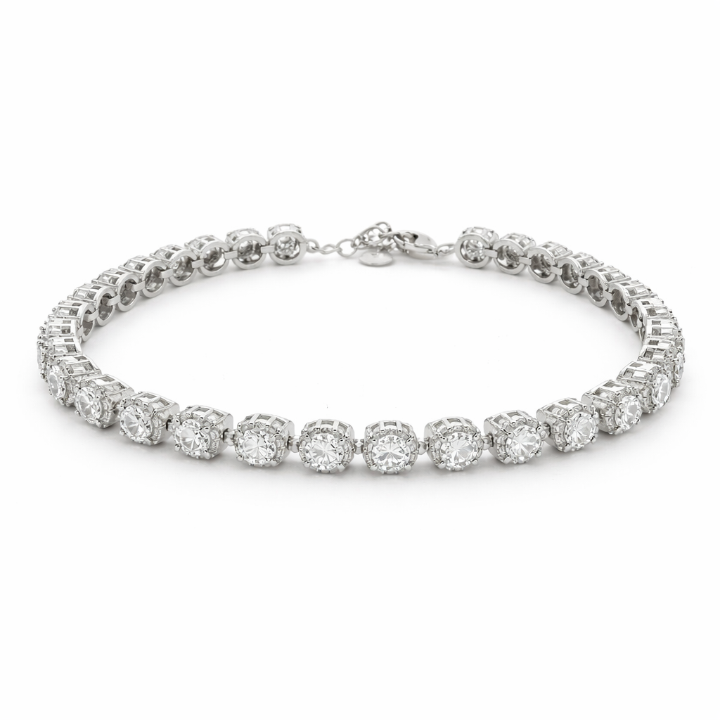 Sterling Silver Round Colored CZ W/ Halo Tennis Bracelet (7"+1.5")