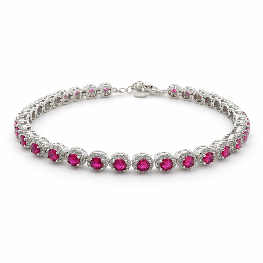 Sterling Silver Round Colored CZ W/ Halo Tennis Bracelet (7"+1.5")