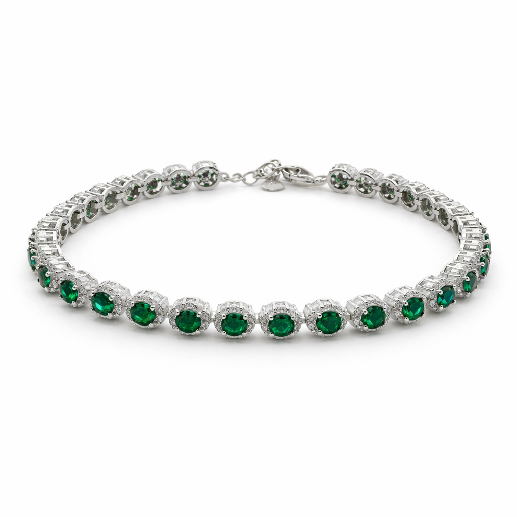 Sterling Silver Round Colored CZ W/ Halo Tennis Bracelet (7"+1.5")