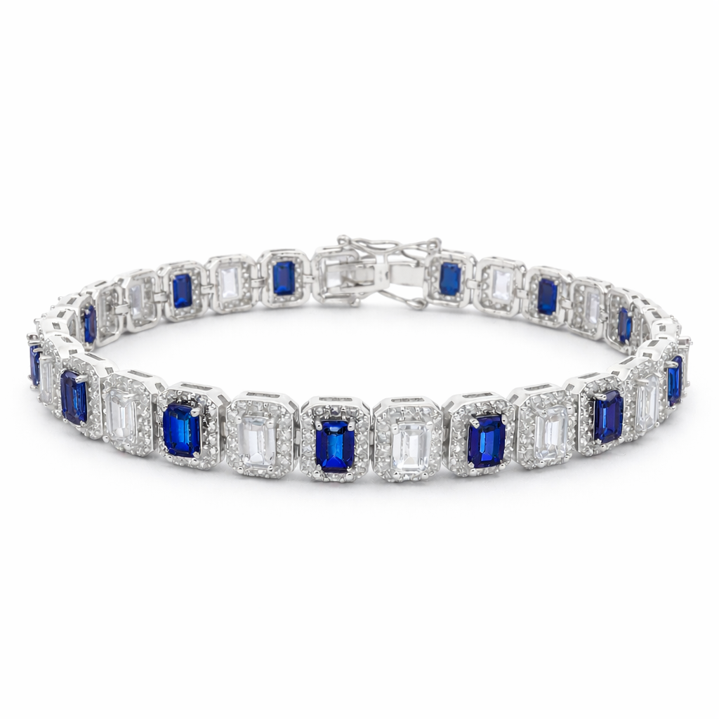 Sterling Silver Alternating Colored Baguette CZ Halo Tennis Bracelet (7.25")