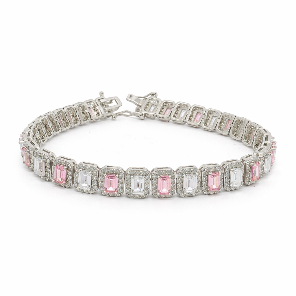 Sterling Silver Alternating Colored Baguette CZ Halo Tennis Bracelet (7.25")