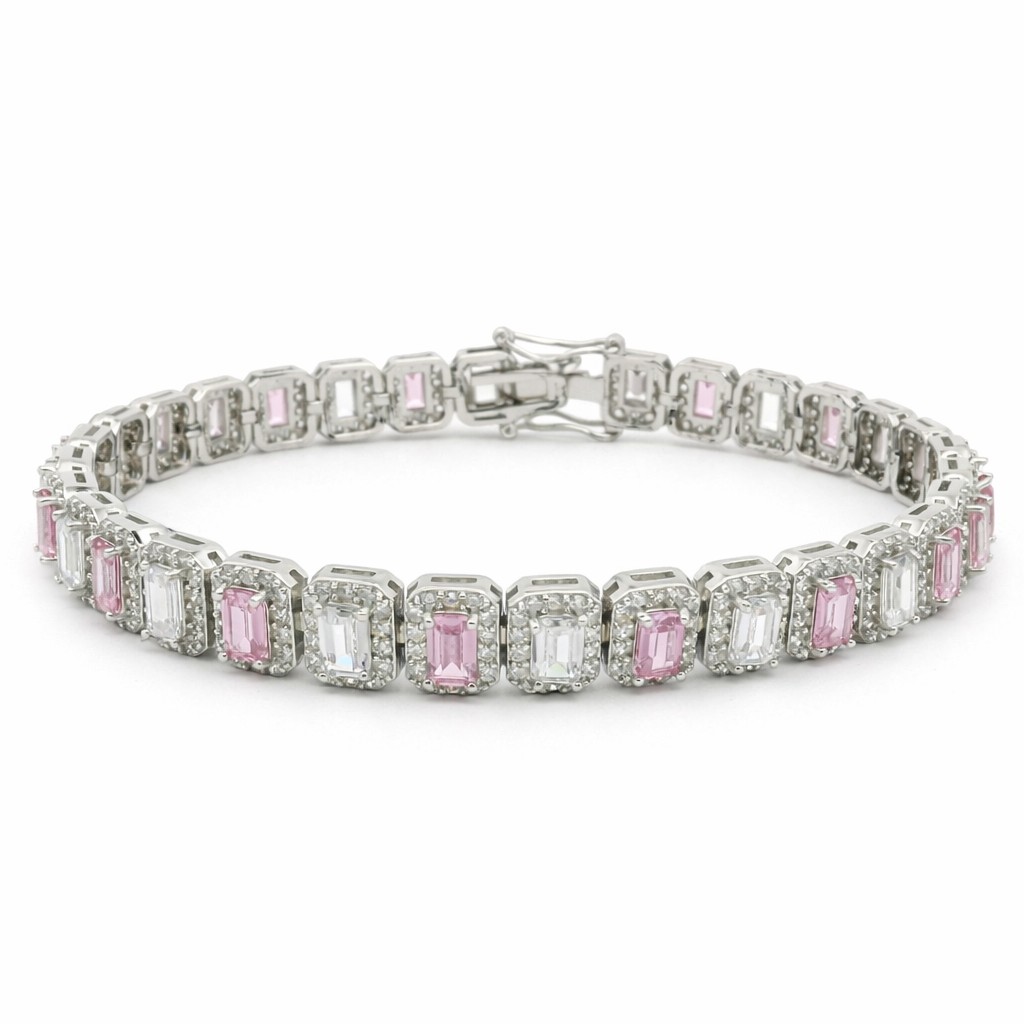 Sterling Silver Alternating Colored Baguette CZ Halo Tennis Bracelet (7.25")